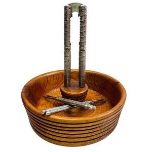 Vintage Handmade Wooden Nut Bowl With Metal Cracker & Picks Set 5.75" MCM